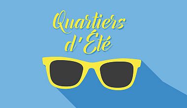 lunettes de soleil jaunes / fond bleu / titre "quartiers d'été"