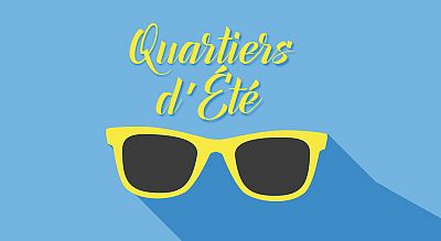lunettes de soleil jaunes / fond bleu / titre "quartiers d'été"