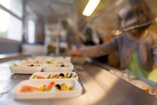 Cantine : un enfant se sert un plat.